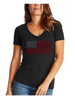 LA Pop Art Women's V-neck Word Art USA Flag T-shirt