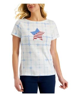 Karen Scott Petite Short Sleeve Star Flag Boatneck Top, Created for Macy's