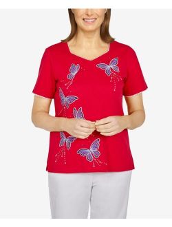 Plus Size American Dream Butterflies Embroidered Short Sleeve T-shirt