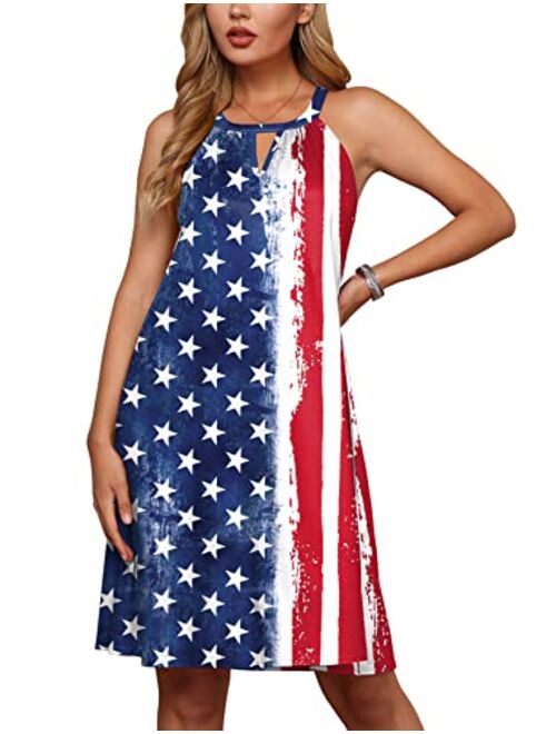 For G and PL Women's 4th of July American Flag Sleeveless Keyhole Halter Mini Dress with Pocket