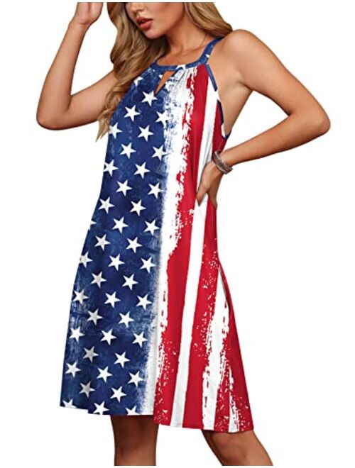 For G and PL Women's 4th of July American Flag Sleeveless Keyhole Halter Mini Dress with Pocket