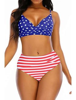 Adisputent Womens High Waisted Bathing Suits Criss Cross Vintage Halter Top Sexy Push Up Two Piece Bikini Swimsuits Patriotic XL