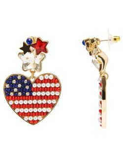 Celebrate Americana Together Gold Tone Stars with Beaded Flag Heart Drop Earrings