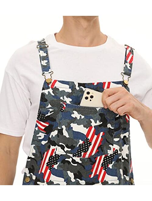 Zhangyan Denim Overalls with Printed American Flag Overalls with Bibs for Men and Women