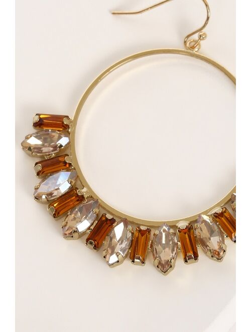 Lulus Season of Sparkle Orange Rhinestone Hoop Earrings
