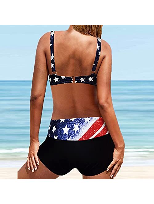 Soneine July 4th Bikini Sets for Women USA Flag Print High Waisted Tummy Control Front Cross Push-Up Tankini Swimsuit 2 Piece