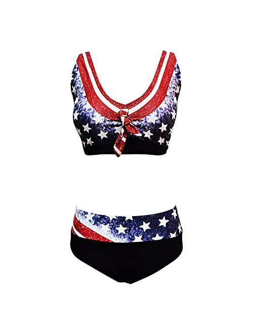 Soneine July 4th Bikini Sets for Women USA Flag Print High Waisted Tummy Control Front Cross Push-Up Tankini Swimsuit 2 Piece