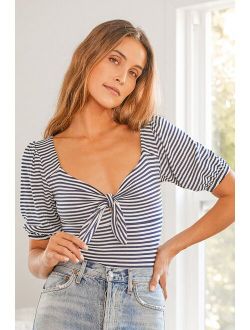 Tie Fidelity Navy Blue and White Striped Tie-Front Bodysuit
