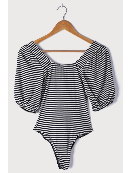 Lulus Tie Fidelity Navy Blue and White Striped Tie-Front Bodysuit