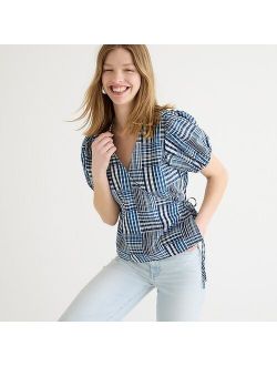 Puff-sleeve wrap top in indigo patchwork