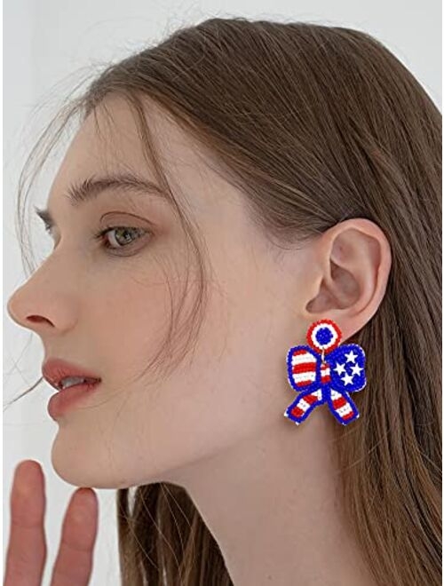 Cenapog American Flag Earrings for Women Girls, Patriotic Beaded Star Drop Dangle Earrings, Memorial Day earrings 4th of July Independence Day Earrings, Holiday Earrings 