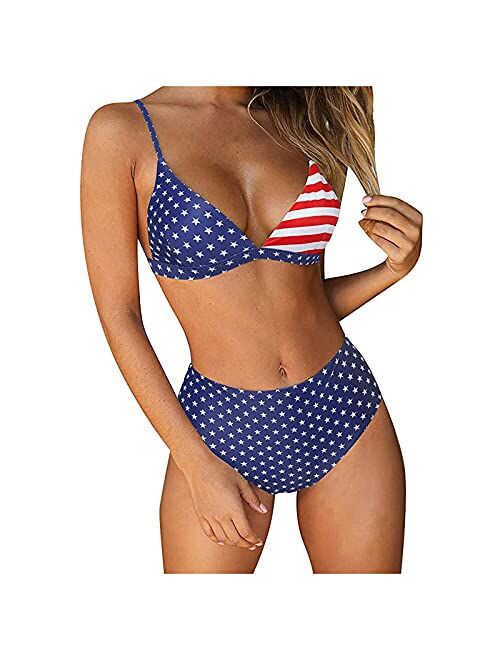 LOOKAA High Waisted American Flag Bikini Patriotic Bikini Bathing Suit Print Padded Push Up 2 Piece Bikini Sets Swimsuits