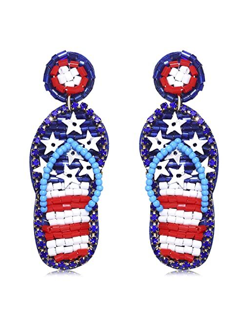 Lenoocle American Flag Beaded Earrings for Women 4th of July Earrings Patriotic Red White Blue Fourth of July Handmade Seed Bead USA Drop Dangly Earrings Independence Day