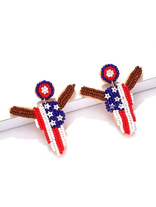 Nvenf American Flag Earrings Beaded 4th of July Patriotic Earrings for Women Handmade USA Windmill Star Heart Drop Dangle Earrings Independence Day Jewelry Gifts