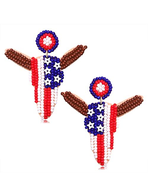 Nvenf American Flag Earrings Beaded 4th of July Patriotic Earrings for Women Handmade USA Windmill Star Heart Drop Dangle Earrings Independence Day Jewelry Gifts