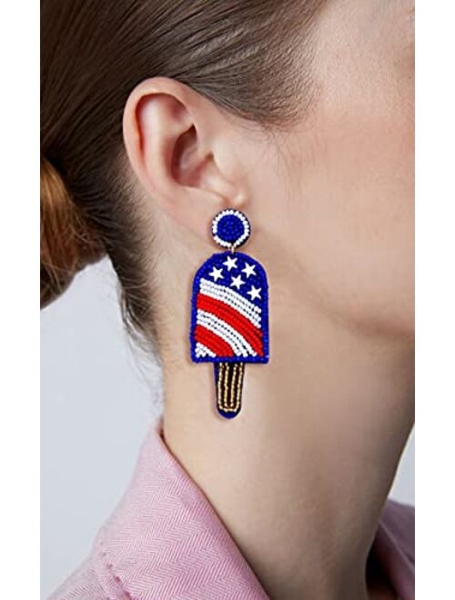 Beaded Drop Earrings for Women, American Flag Beaded Earrings Independence Day Earrings Bohemia Handmade Fruit Beaded Dangle
