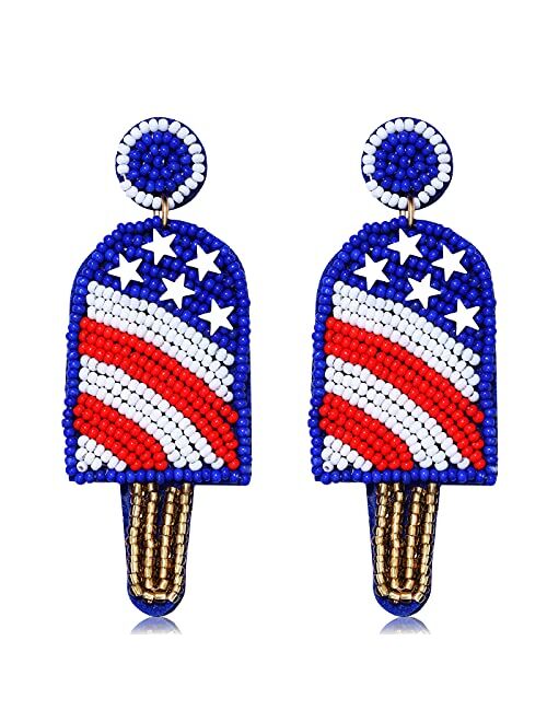 Beaded Drop Earrings for Women, American Flag Beaded Earrings Independence Day Earrings Bohemia Handmade Fruit Beaded Dangle
