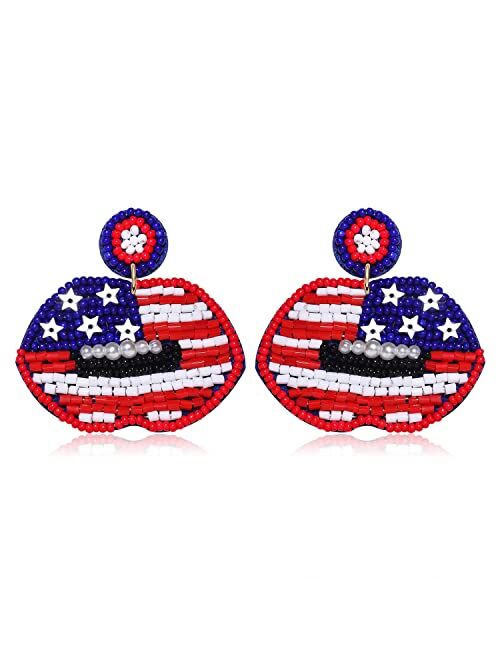Moloch American Flag Earrings Red Blue White Lips Star Beaded Dangle Earrings 4th of July Patriotic Drop Earrings Independence Day Jewelry Gifts for Women Girls