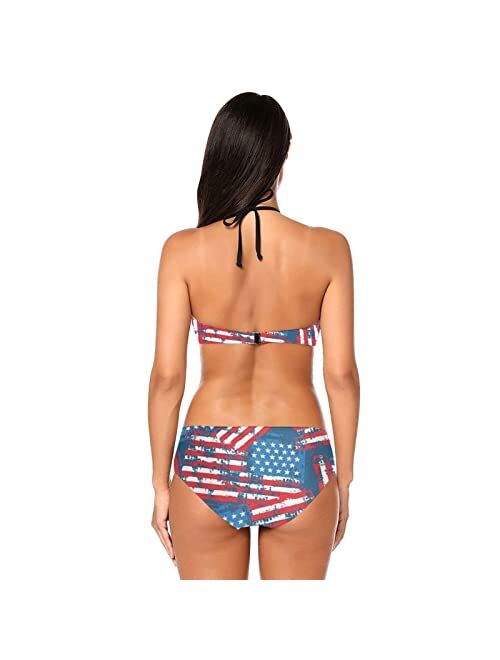 Yefchn Vintage Patriotic USA Flags Women's Bikini Set Two Pieces Halter Swimsuit