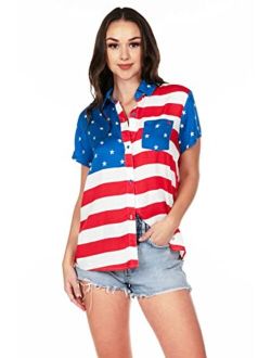 Funny Cute Red White and Blue Women's Short Sleeve Button Down Shirts for Summer