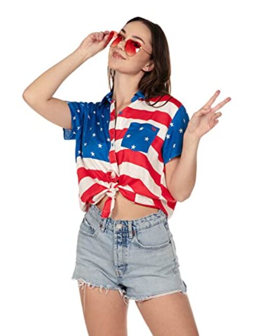 Tipsy Elves Funny Cute Red White and Blue Women's Short Sleeve Button Down Shirts for Summer