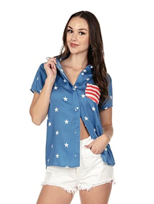 Tipsy Elves Funny Cute Red White and Blue Women's Short Sleeve Button Down Shirts for Summer