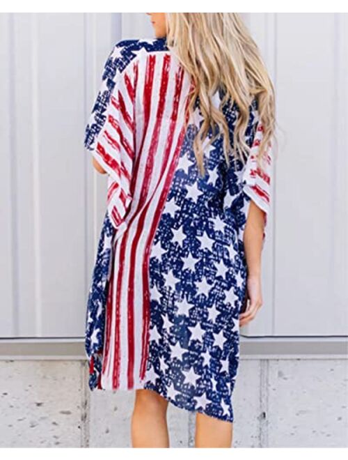 Barlver Women's American Flag Print Kimono Lightweight Cardigan Beachwear Cover up Loose Patriotic Shirt Blouse