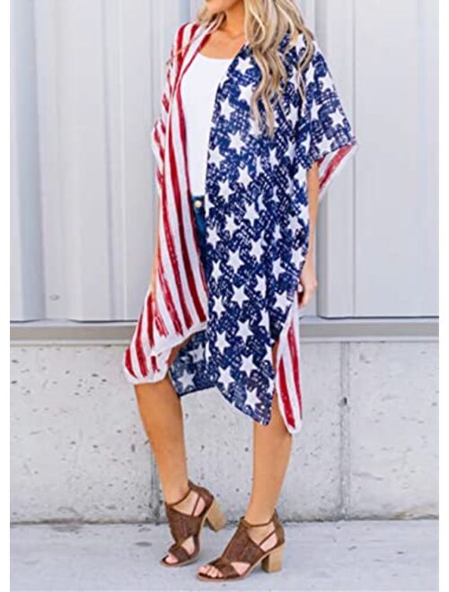 Barlver Women's American Flag Print Kimono Lightweight Cardigan Beachwear Cover up Loose Patriotic Shirt Blouse
