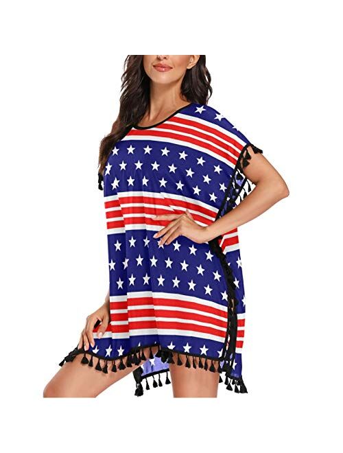ZzWwR Women's Girls American Patriotic Stars and Stripes Flag Chiffon Tassel Bikini Swimsuit Beach Bathing Suit Cover up
