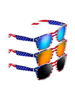 Lady&Home 3 Pairs American Patriot Flag Beach and July 4th Series Sunglasses -Red/Blue/Grey Lens