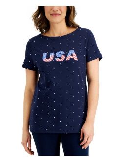Karen Scott Petite Short Sleeve USA Stars Boatneck Top, Created for Macy's