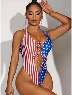 Striped & Star Print Lace Up One Piece Swimsuit