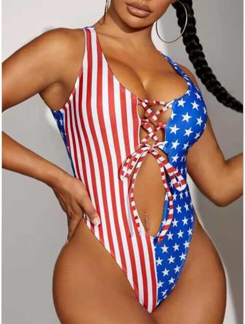 Shein Striped & Star Print Lace Up One Piece Swimsuit