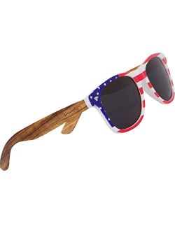 WOODIES Polarized Zebra Wood American Flag Frame Sunglasses for Men and Women | Black Polarized Lenses and Real Wooden Frame | 100% UVA/UVB Ray Protection