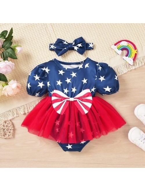 Noubeau Baby Girls 4th of July Patriotic Dress American Flag Romper+Tulle Tutu Skirt+Headband Summer Clothes Set