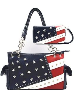 Western Origin American Flag USA Stars and Stripes Concealed Carry Purse Women Country Handbag Wallet Set Red White Blue
