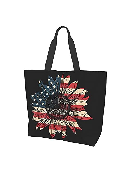 AuHomea America Sunflower Flag 4th July Patriotic Women Canvas Tote Bag, Big Capacity Women Casual Shoulder Bag Handbag For Travel Shopping Reusable Grocery Bags