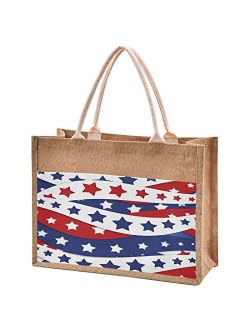 Alaza Usa Flag Patriotic Stars Stripes Pattern Jute Tote Bag Handbag Reusable Grocery Shopping Purses Women Beach Bag