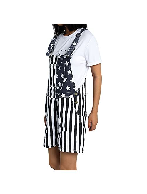 Labuladuo Women Men Flag Print Pocket Fashion Adjustable Strap Button Jumpsuit 4th of July American Flag Casual Overalls Bib Denim Jean