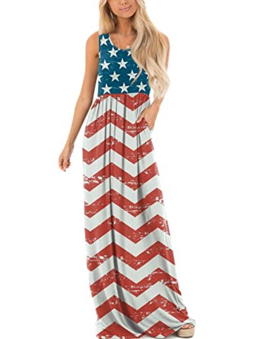 For G and PL Women's 4th of July American Flag Sleeveless Tank Maxi Dress with Pockets