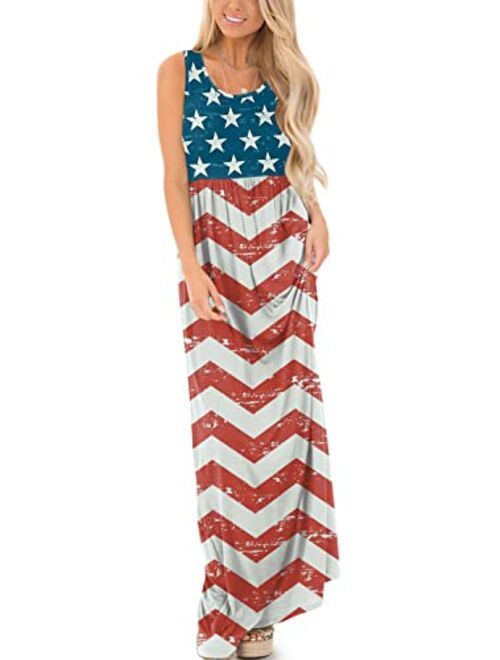 For G and PL Women's 4th of July American Flag Sleeveless Tank Maxi Dress with Pockets