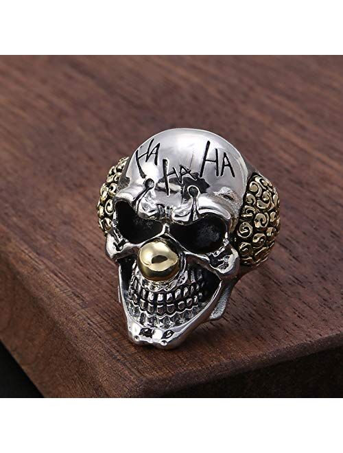 Forfox Gothic Real 925 Sterling Silver Clown Joker Skull Ring for Men Women,Open and Adjustable