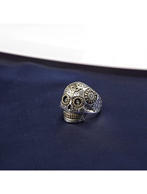JadeAngel 925 Sterling Silver Skull Rings for Men,Vintage Two-tone Dainty Skull and Crossbones Biker Rings for Men Women