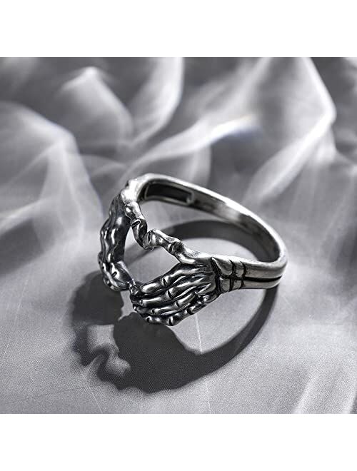 Generic Unique Unisex Retro Gothic Personality Finger Ring Antique Jewelry Vintage Skeleton Skull Hand Heart Ring for Men Women