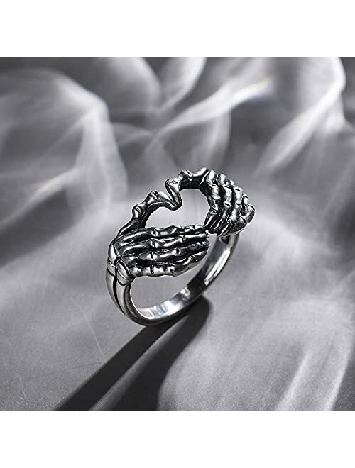 Generic Unique Unisex Retro Gothic Personality Finger Ring Antique Jewelry Vintage Skeleton Skull Hand Heart Ring for Men Women