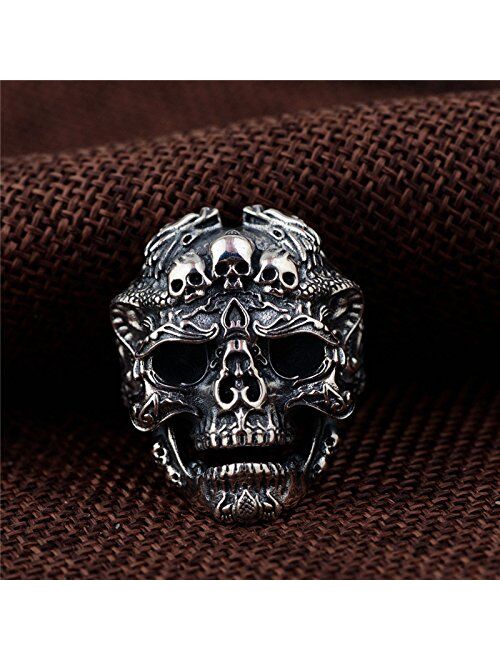 Forfox Gothic Black 925 Sterling Silver Skull Head Open Ring with Dragons for Men Boys Women Girls,Adjustable