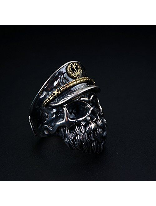 Forfox Two Tone 925 Sterling Silver Bearded Skull Ring with Hat for Men Boys Women Girls,Open and Adjustable