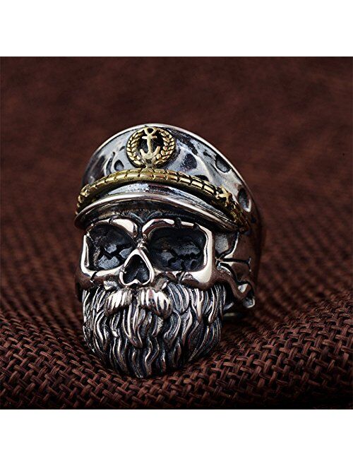 Forfox Two Tone 925 Sterling Silver Bearded Skull Ring with Hat for Men Boys Women Girls,Open and Adjustable