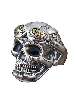 Forfox Gothic Two Tone 925 Sterling Silver Skull Pilot Head Open Ring with Gold Glasses for Men Boys,Adjustable