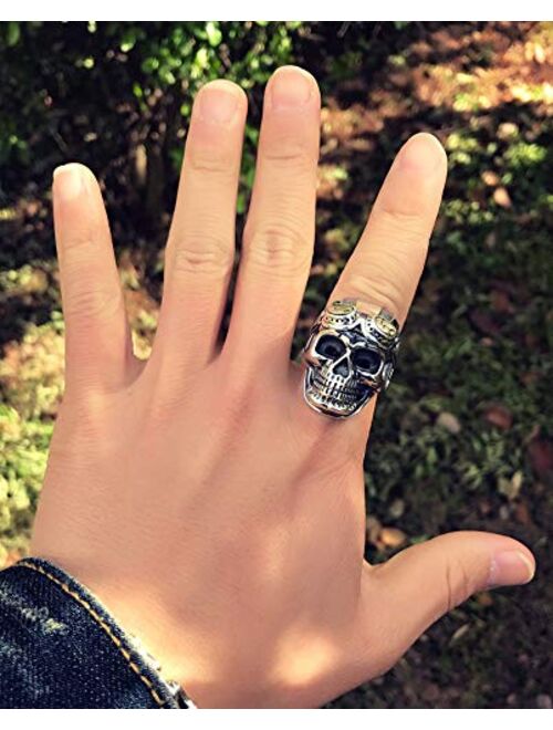 Forfox Gothic Two Tone 925 Sterling Silver Skull Pilot Head Open Ring with Gold Glasses for Men Boys,Adjustable